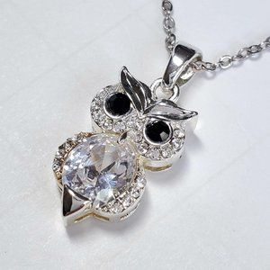 Silver Tone Rhinestone Owl Pendant Necklace